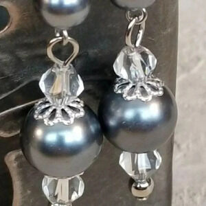 Glass Pearl Crystal Dangle Earrings Handmade Gray and Silver